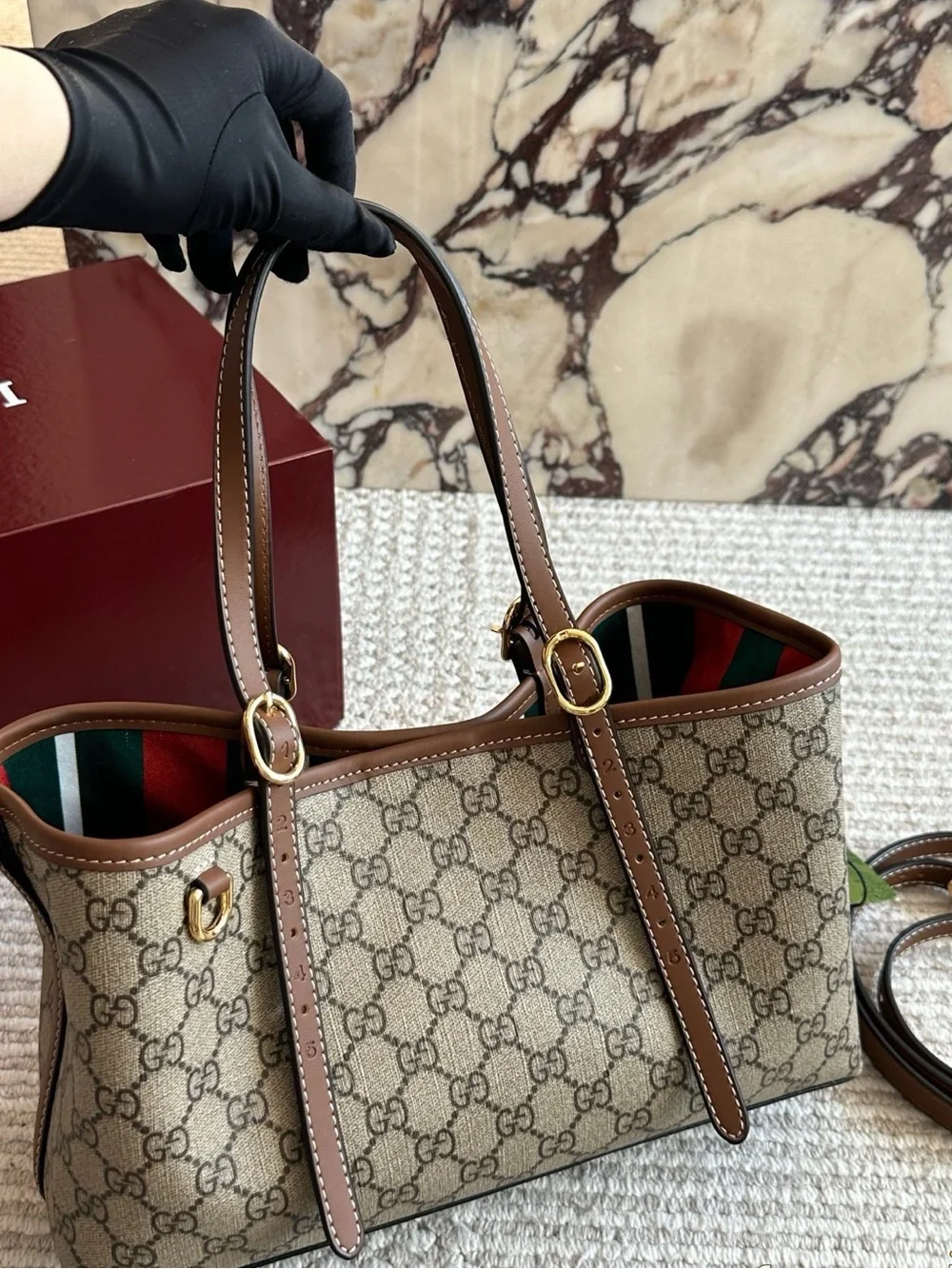 Gucci Beige GG Supreme Canvas Tote with Black Trim and Green-Red Webbing